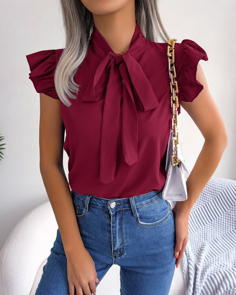 Women's Summer Short-Sleeved Bow Top - Solid Color Casual Blouse