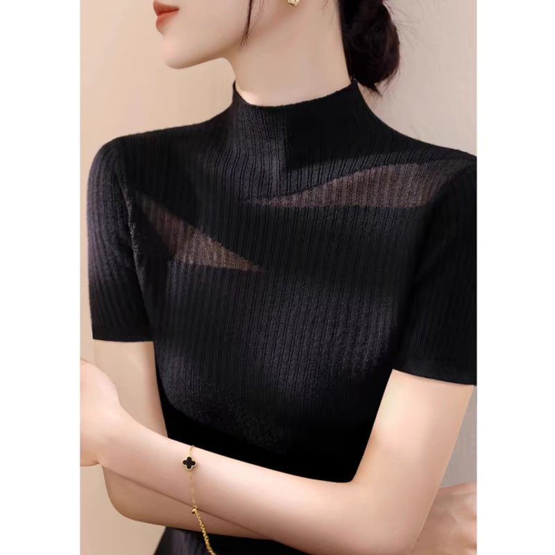 Summer New Style Temperament Half Turtleneck Hollow Mesh Striped Short-Sleeved Top for Women