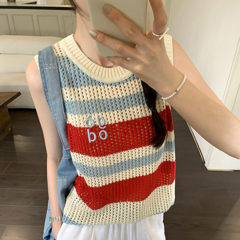 Women's Fashion Dopamine Loose Hollow Striped Knitted Vest - Summer Sleeveless Outerwear