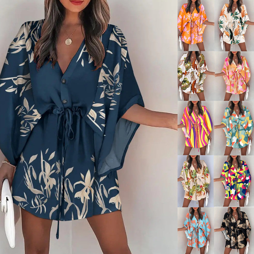 Women's Summer V-Neck Lace-Up Casual Holiday Dress – Flying Sleeve Boho Style Sundress with Pockets, Lightweight Flowy Beach Min