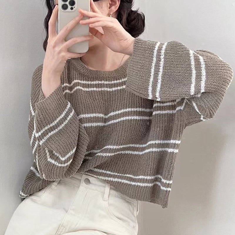 Women's Spring & Summer Hollow Knit Striped Top - Lightweight Long-Sleeved Loose Sun Protection Air-Conditioning RAC25ZB