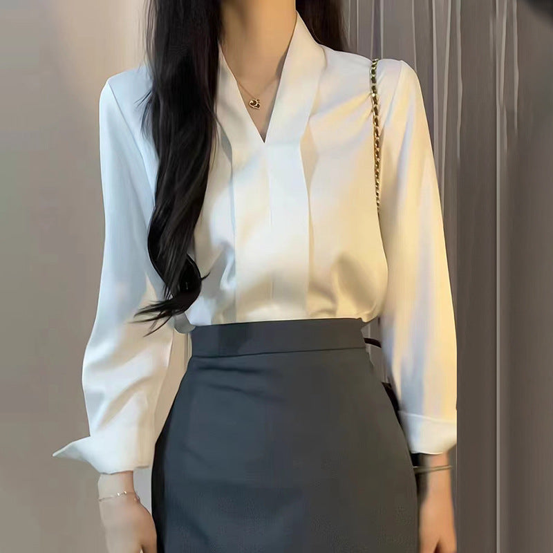 Women's White V-Neck Professional Shirt - Spring/Autumn Edition