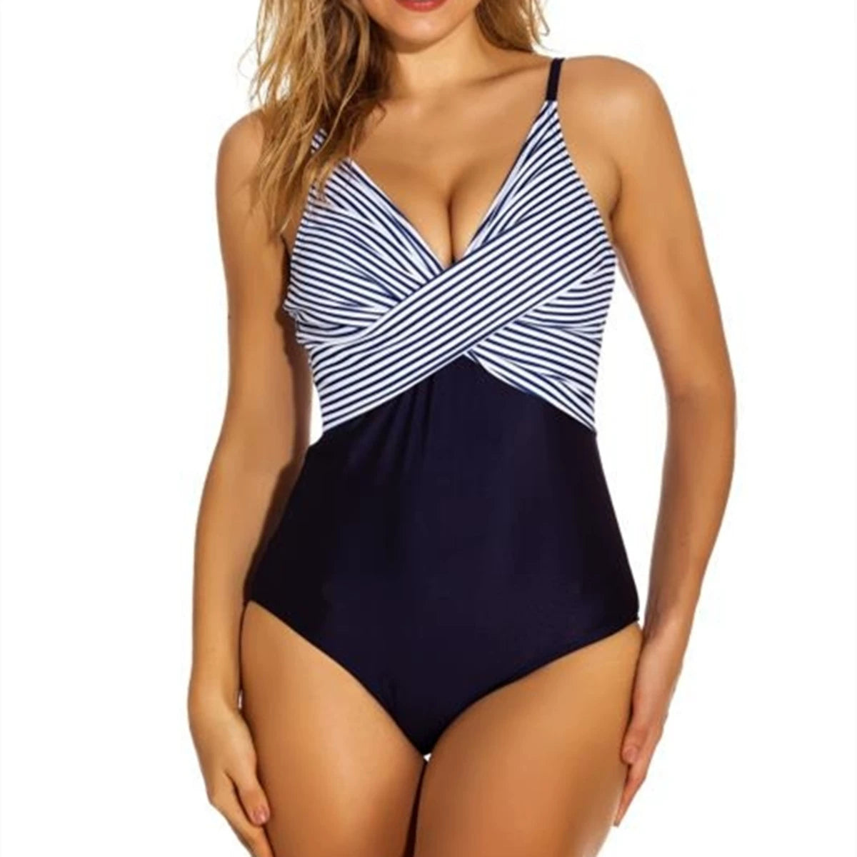 Women Slim Fit Deep V-Neck One Piece Stripe Pattern Swimwear