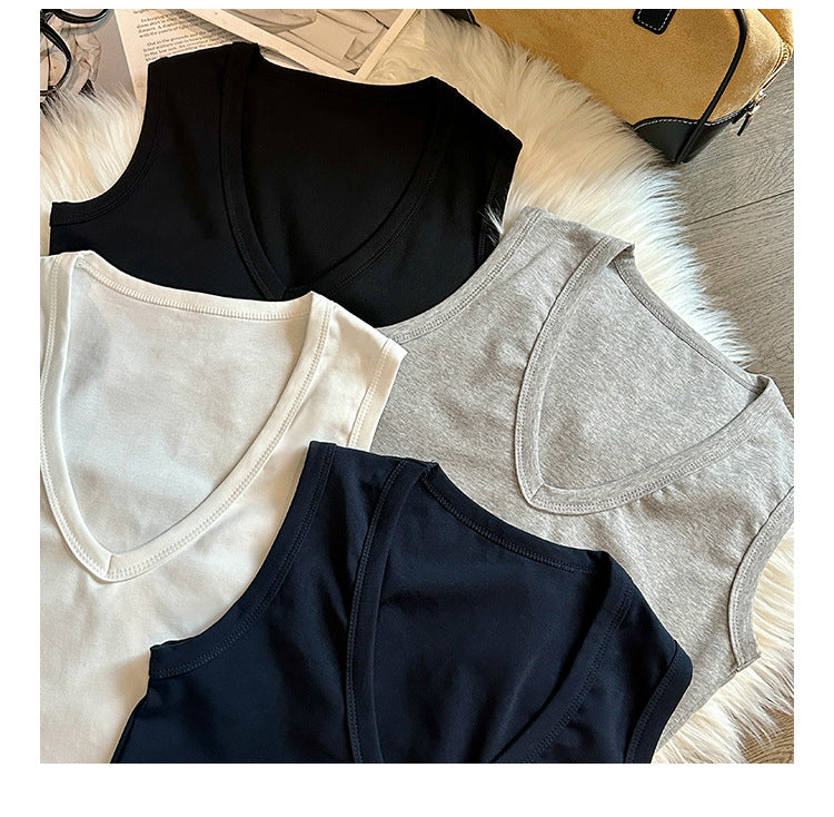 Women's White V-Neck Sports Camisole - Straight Shoulder Sleeveless Summer Vest