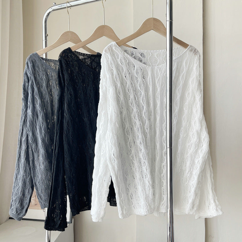 Women's Loose Hollow Knit V-Neck Sweater - Thin Lazy Style Casual Top