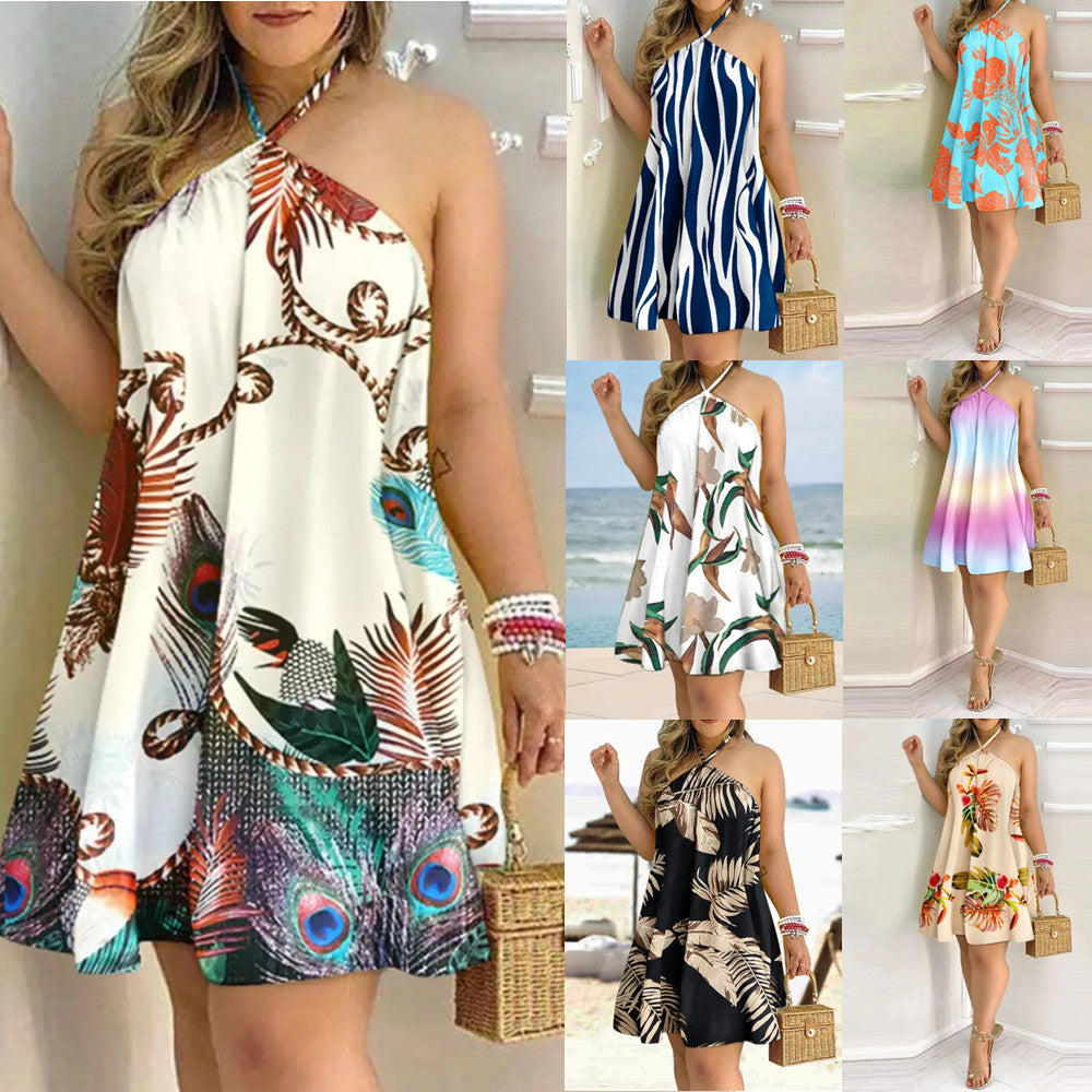 Summer Off-Shoulder Halter Neck Tie Loose Dress for Women – Casual Boho Beach Sundress