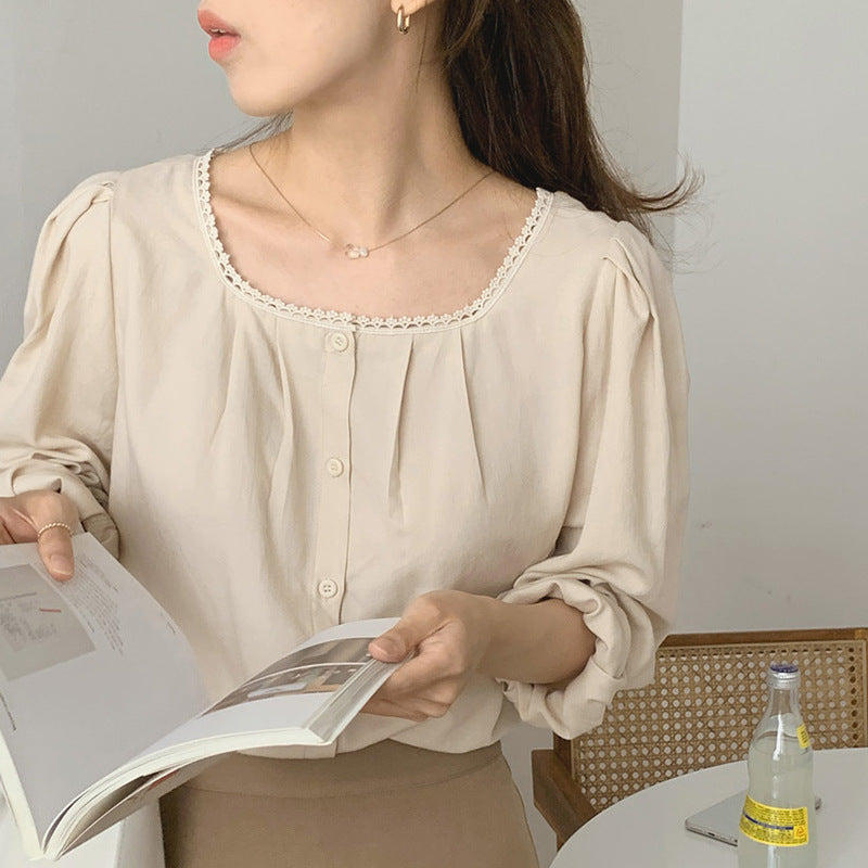 Lace-Stitched Slim Fit Long Sleeve Shirt - Elegant Round Neck Top for Spring & Autumn