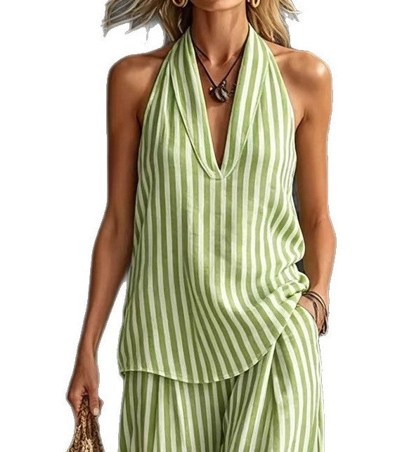 Women's Striped Halter V-Neck Sleeveless Casual Two-Piece Outfit