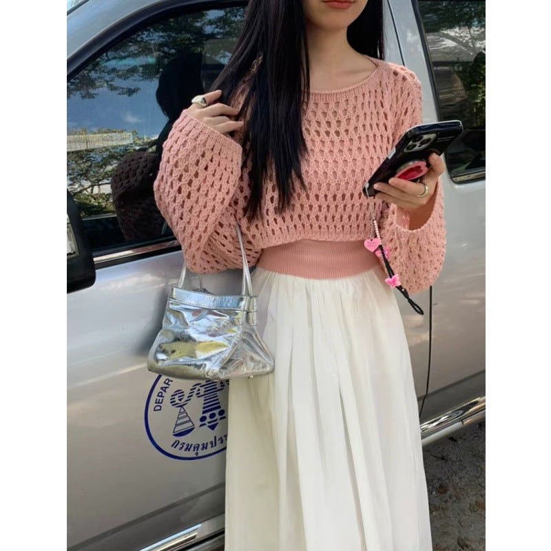 Women's Short Hollow Knit Sweater Top - Lightweight Two-Piece Style Suit for Spring & Autumn