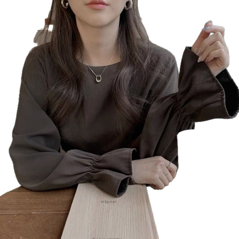 Women's Loose-Fit Trumpet Sleeve Round Neck Solid Color Blouse