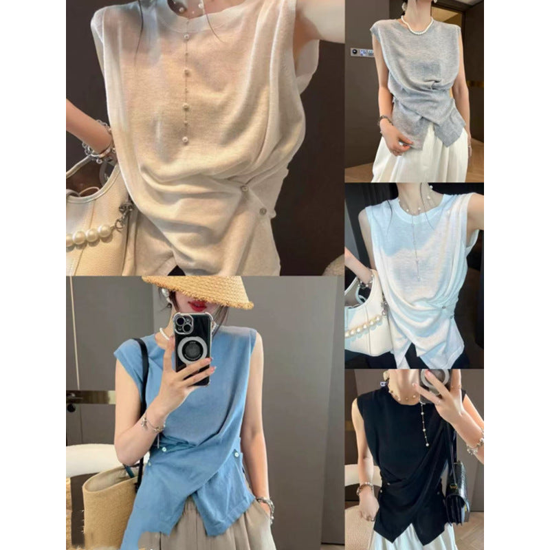 Summer 2025 Women's Light Knit Sleeveless Vest - Irregular Hem, Round Neck, Elegant Casual Style