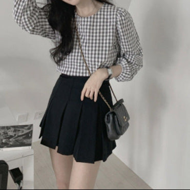 2025 Early Autumn Women's Plaid Long-Sleeved Shirt - Chic Round Neck Versatile Top