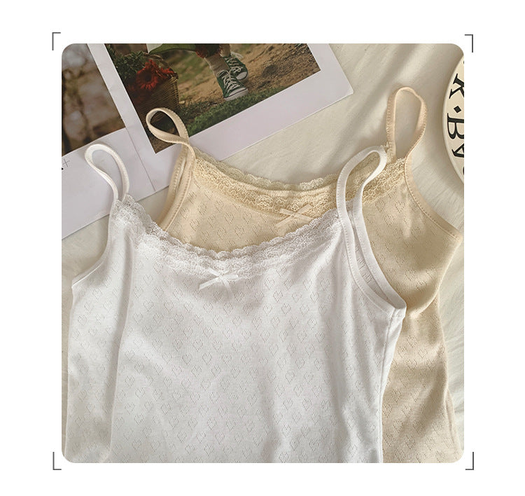 Women's Sweet Peach Heart Lace Camisole - Summer Jacquard Bowknot Outerwear Top