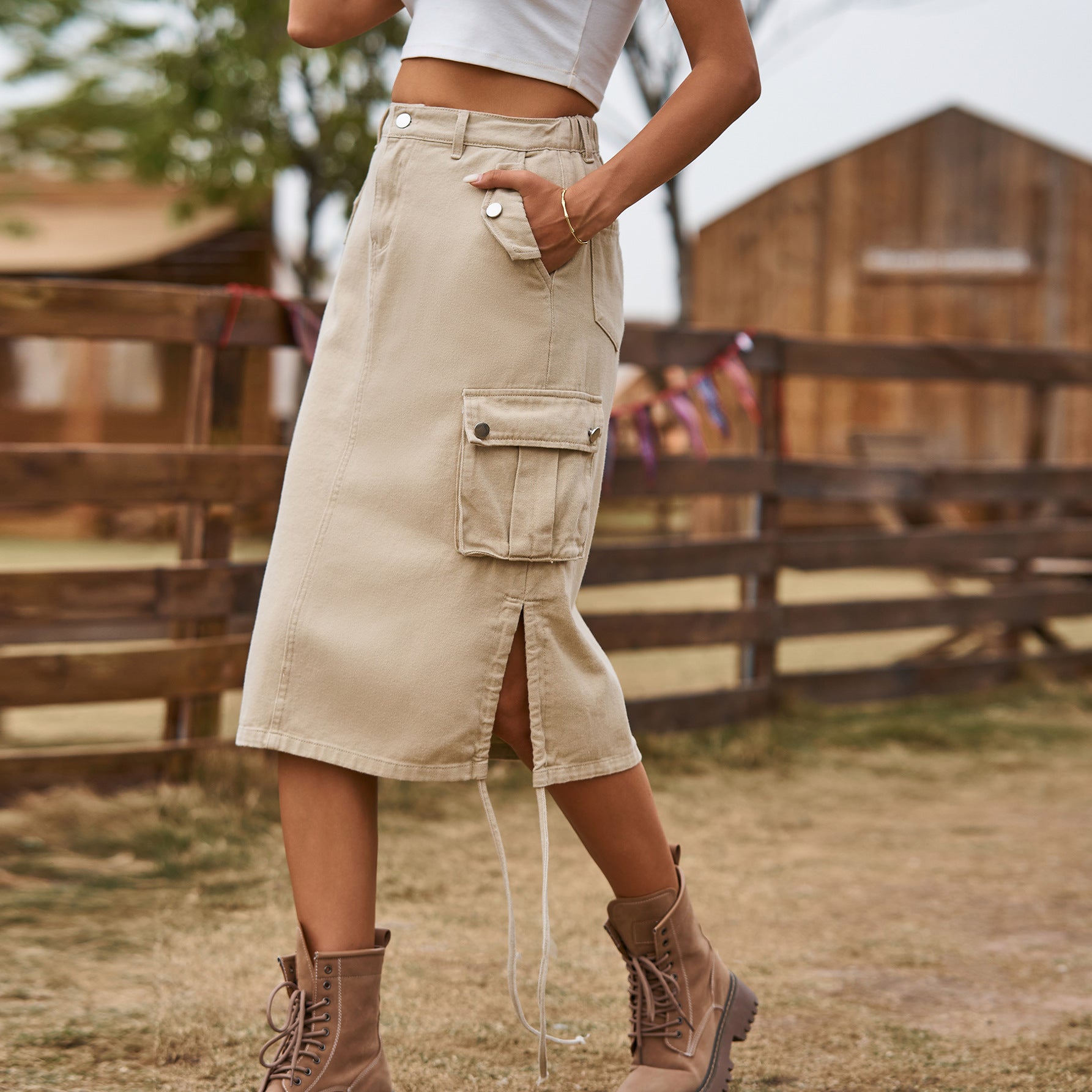 Women's Cross-Border New Denim Lace-Up Workwear Skirt - Casual Mid-Length Utility Style