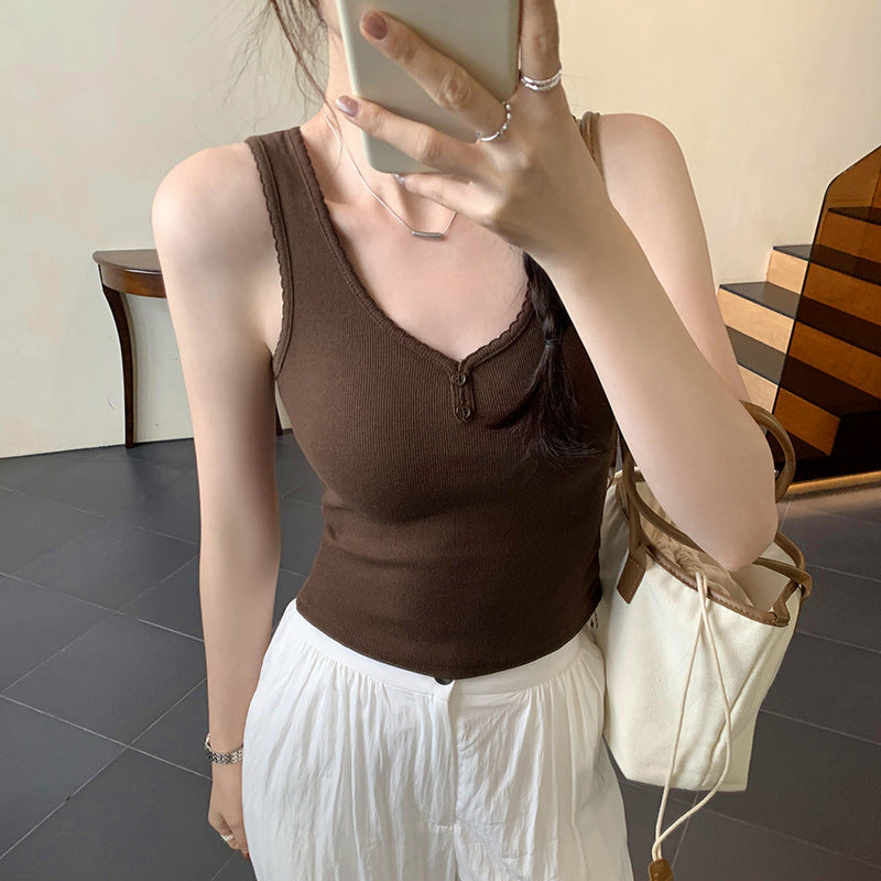 Women's Summer Threaded Lace V-Neck Button Camisole - Real Shot Sleeveless Top