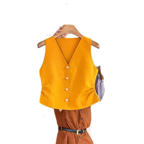 Chanel-Inspired Retro V-Neck Knitted Vest with Pleated Hem - Women's Slim Fit Sleeveless Button-Front Top