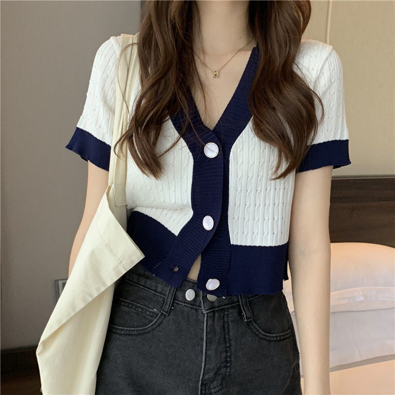 Chic Contrast V-Neck Knitted Cardigan - Short Sleeve Women's Top