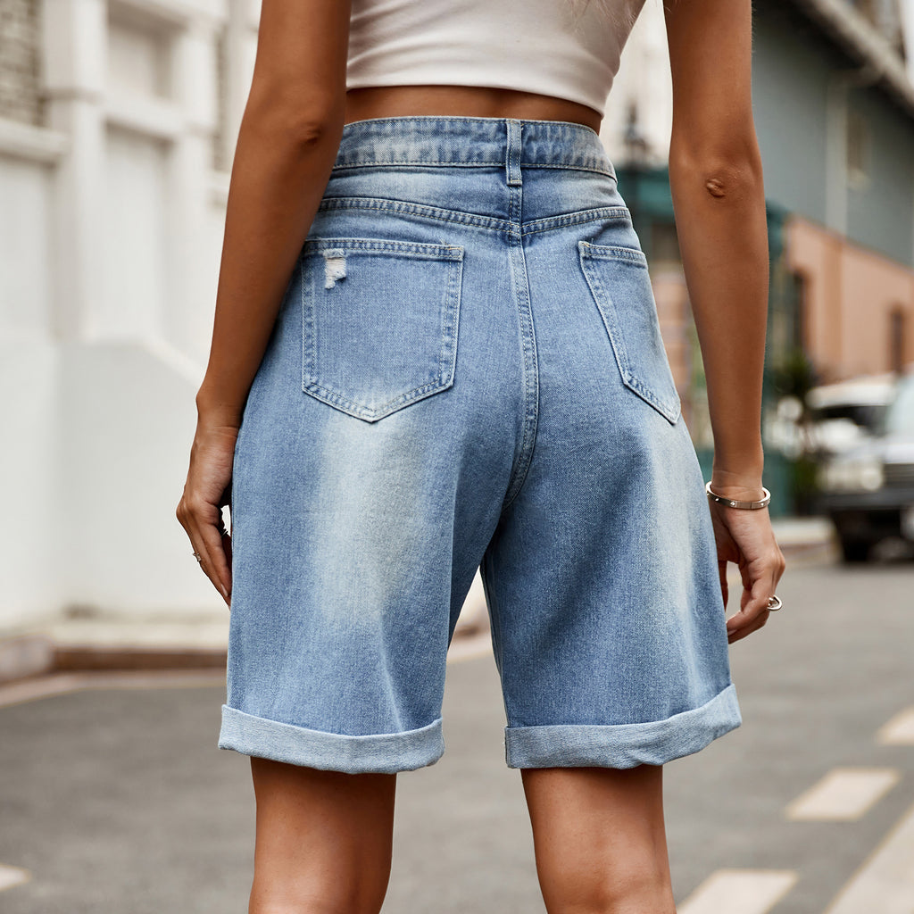 Women's Distressed Hem 5-Point Denim Shorts - Casual Summer Ripped Jean Shorts, Trendy High-Waist Style