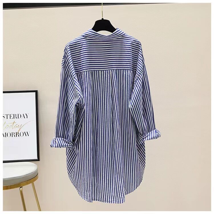 Artistic High-Low Striped Mid-Length Shirt for Women