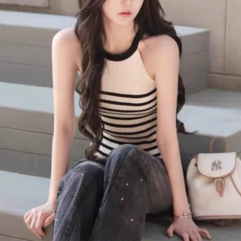 Halter Neck Striped Ice Silk Knitted Camisole for Women - Sleeveless Summer Top, Side Coverage, Lightweight & Breathable