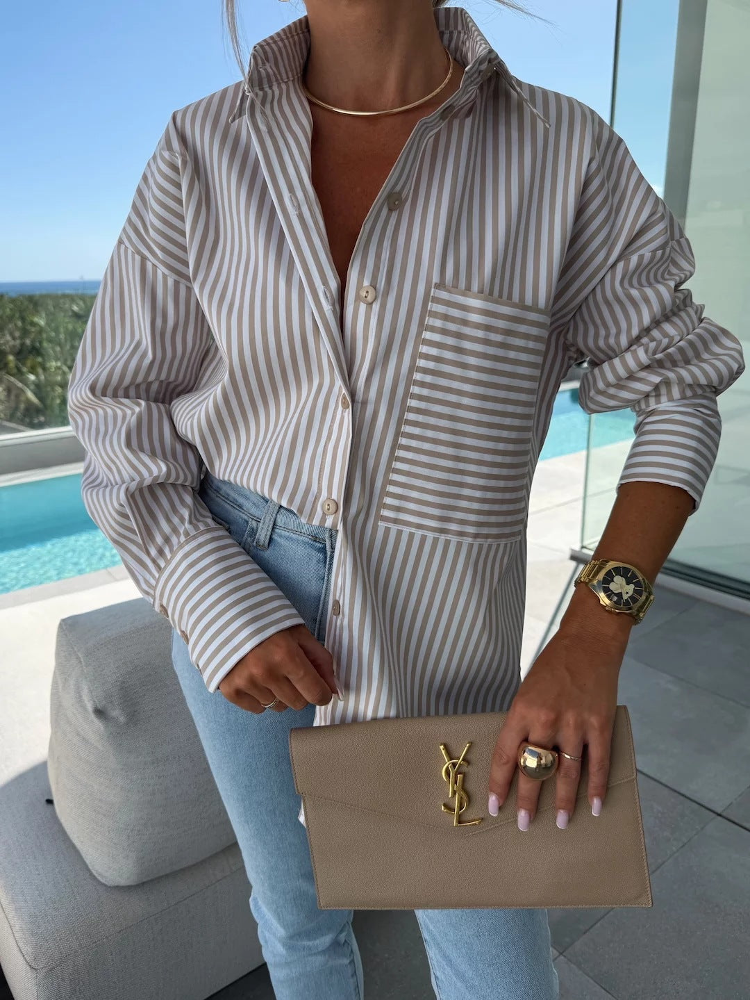 Women's Autumn Casual Stripe Print Button-Up Long Sleeve Shirt