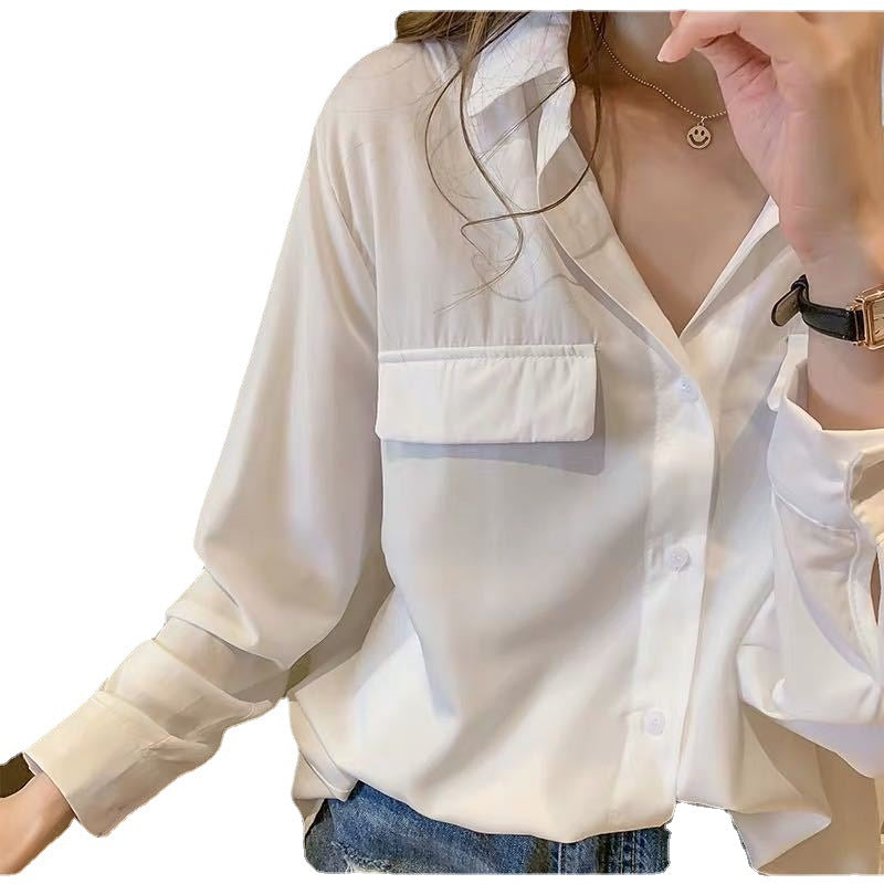 Autumn White Slim Fit Shirt - Light Mature Style Niche Design for Women