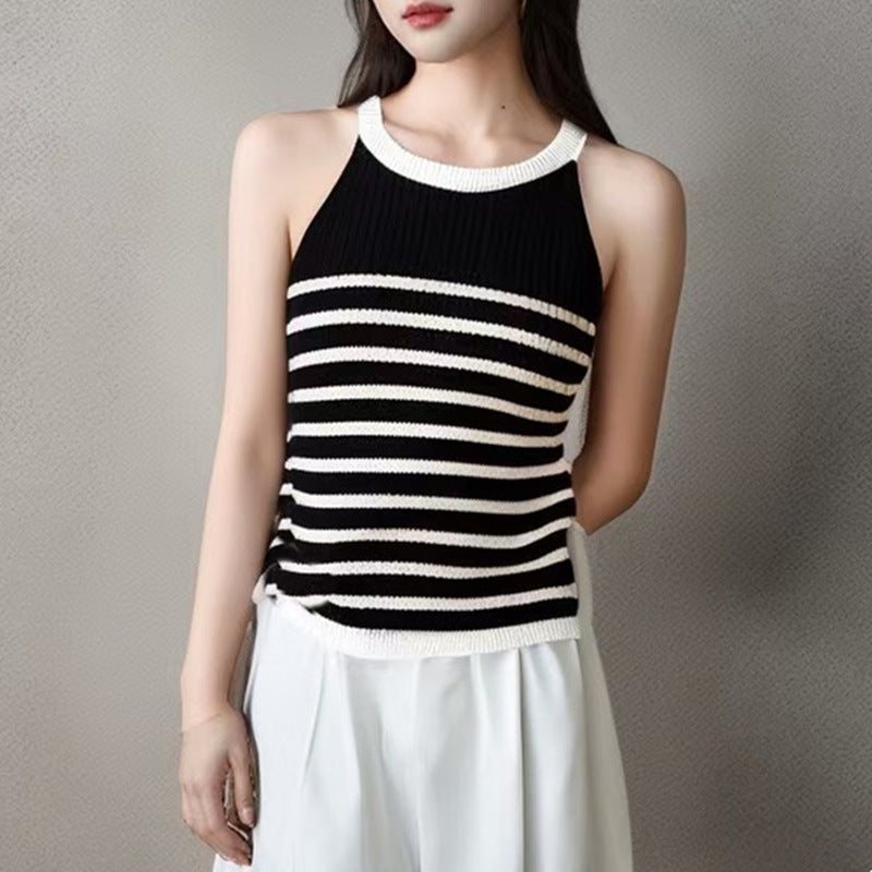 Halter Neck Striped Ice Silk Knitted Camisole for Women - Sleeveless Summer Top, Side Coverage, Lightweight & Breathable