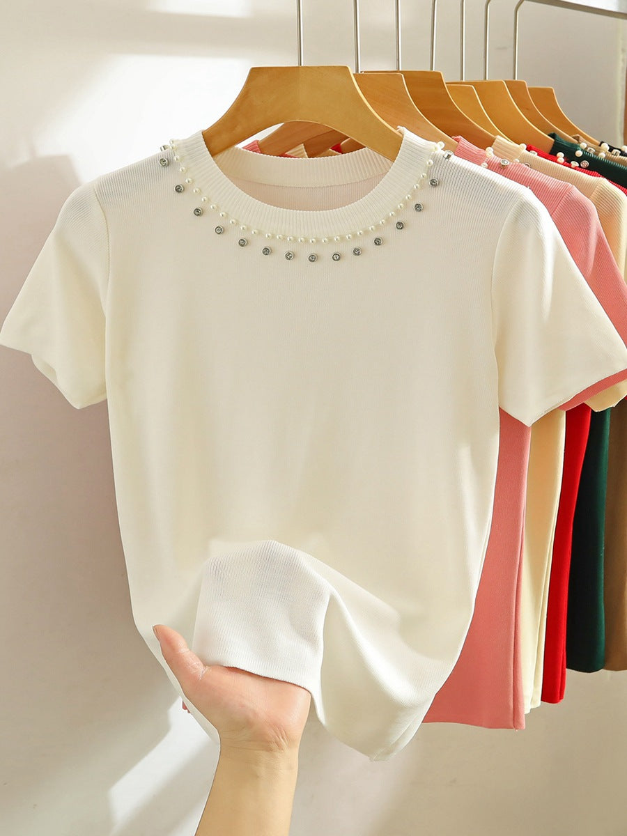 Women's Summer White Beaded Knit T-Shirt - Short Sleeve, Straight Shoulder, Short Top