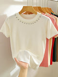 Women's Summer White Beaded Knit T-Shirt - Short Sleeve, Straight Shoulder, Short Top