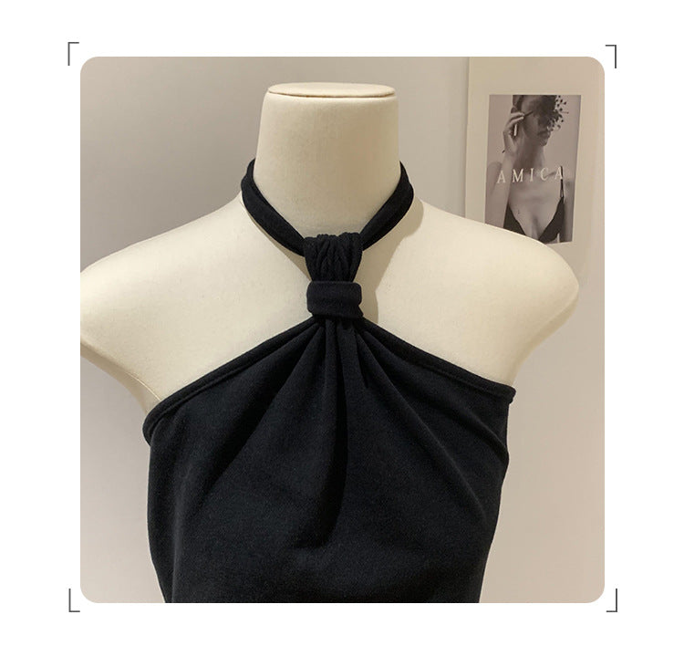 Women's Black Halter Neck Lace-Up Camisole - Festival-Ready Seaside Style