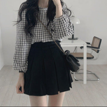 2025 Early Autumn Women's Plaid Long-Sleeved Shirt - Chic Round Neck Versatile Top