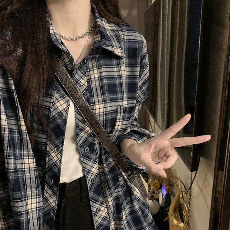 Women's Blue Plaid Loose Shirt Jacket - Oversized Casual Shacket Top