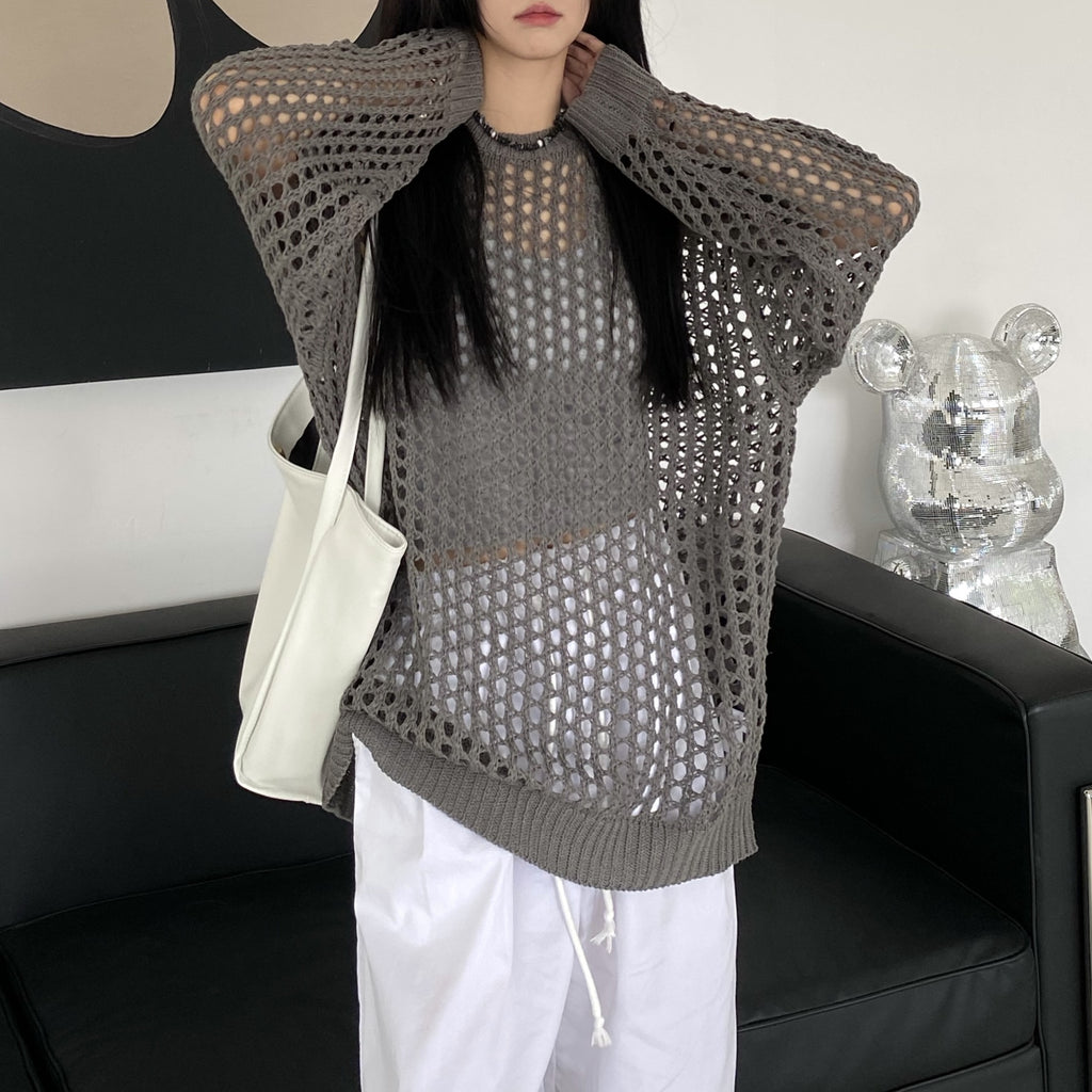 Women's Knitted Hollow Sun Protection Blouse - Lightweight, Loose-Fit, Chic Long-Sleeved Drape Top