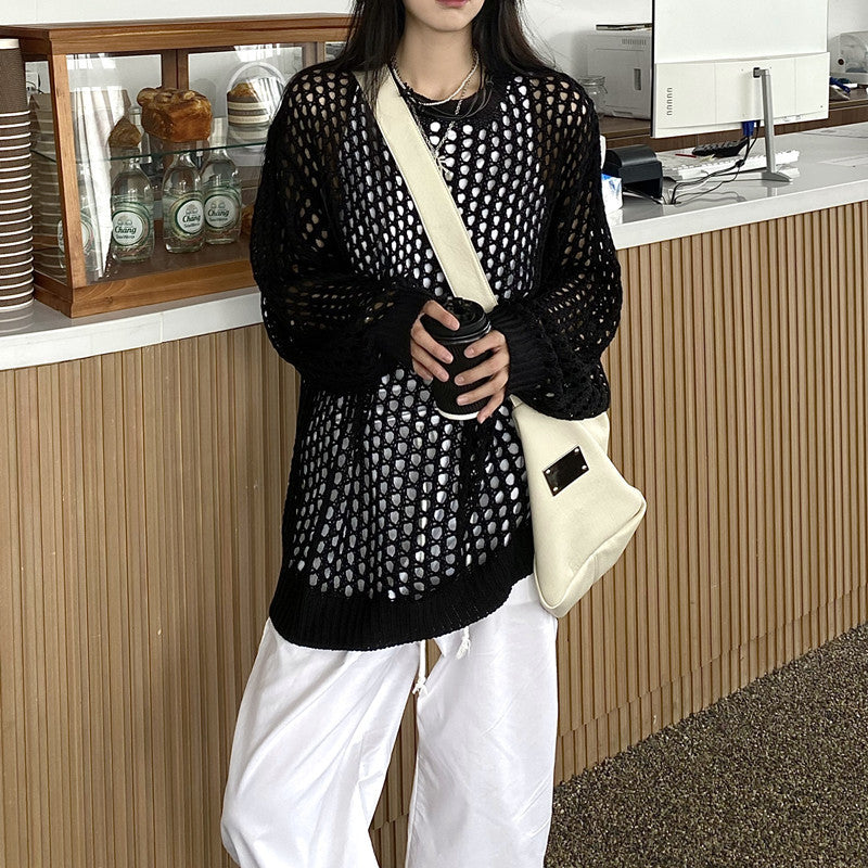 Women's Knitted Hollow Sun Protection Blouse - Lightweight, Loose-Fit, Chic Long-Sleeved Drape Top