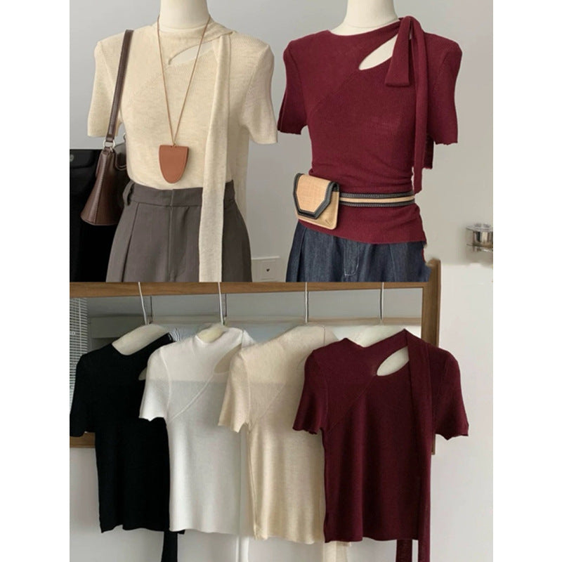 Summer Halter Hollow Knit Sweater - Women's Short Sleeve French Slim Fit Top