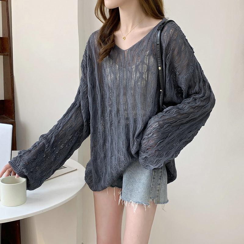 Women's Loose Hollow Knit V-Neck Sweater - Thin Lazy Style Casual Top
