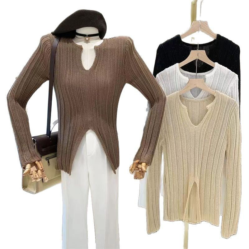 Spring & Autumn Split Long Sleeve V-Neck Hollow Knit Sweater for Women