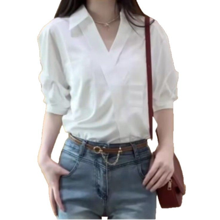 Women's White V-Neck Short-Sleeved Shirt - Summer Niche Design with Lapel Collar