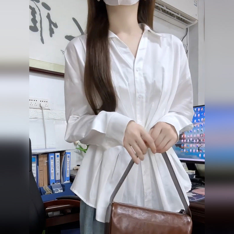 Women's French-Style White Long-Sleeved Shirt - Timeless Elegance