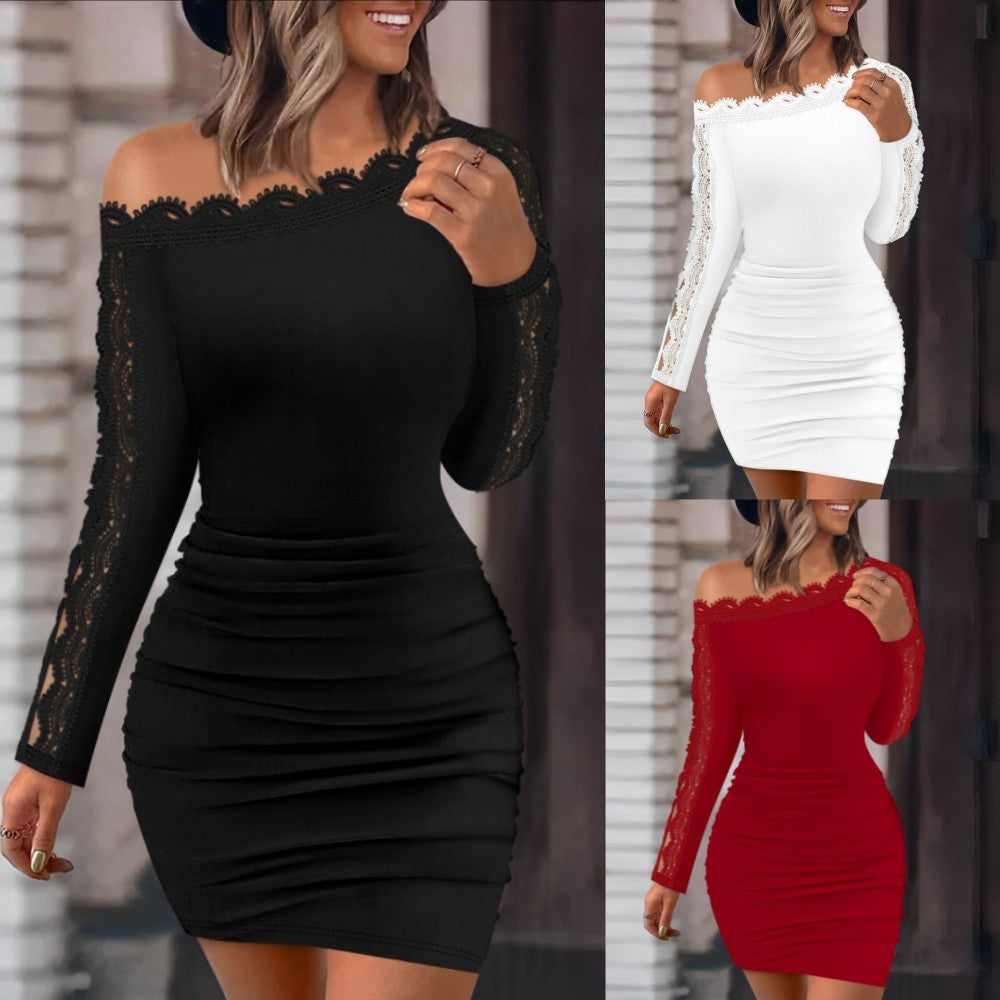 Women's Elegant One-Shoulder Lace Splicing Bodycon Dress – Solid Color, Long Sleeve, Hip-Hugging Fit