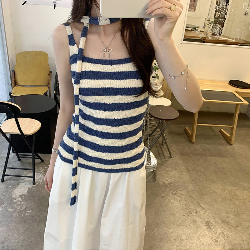 Women's Summer Striped Blue Knitted Vest - Niche Casual Sleeveless Top
