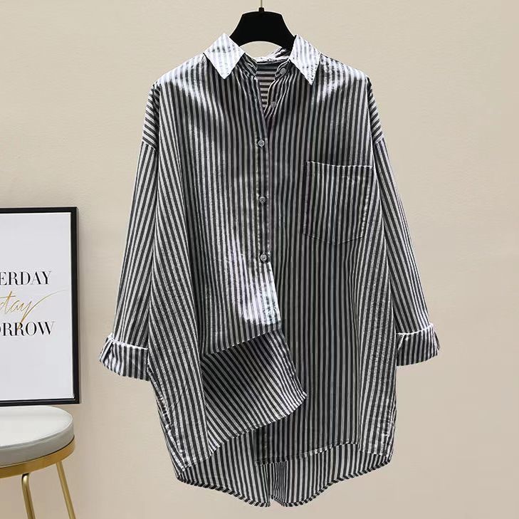 Artistic High-Low Striped Mid-Length Shirt for Women