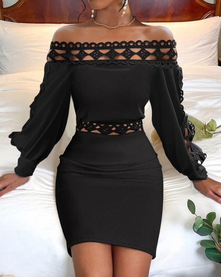 Elegant V-Neck Lace Long Sleeve Bodycon Dress for Women – Autumn & Winter Waist-Hugging Style