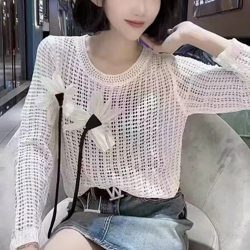 Summer Women's Slim Fit Hollow Knit Cardigan - Lightweight Round Neck Pullover with 3D Floral Detail, Long Sleeve Fashion Sweate
