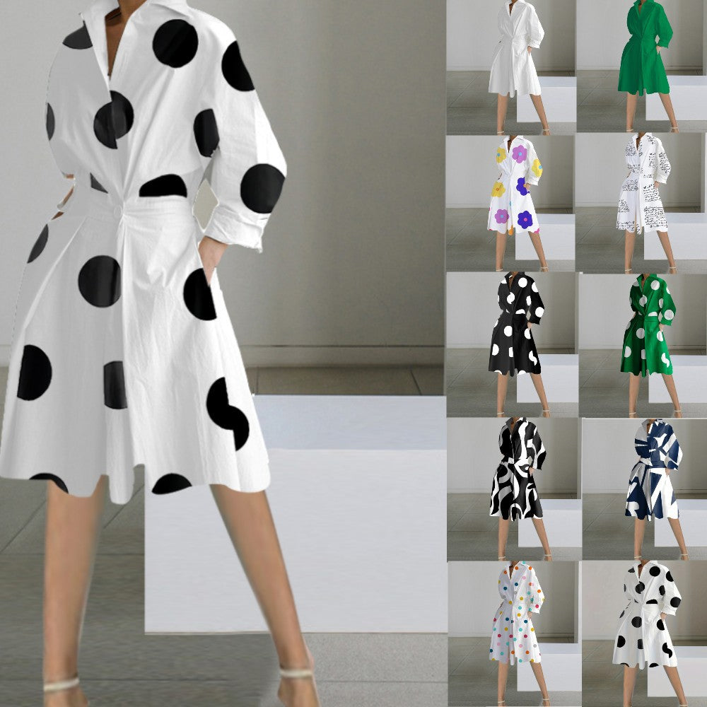 Autumn Elegance: Women's Long-Sleeved V-Neck Printed Mid-Length Dress