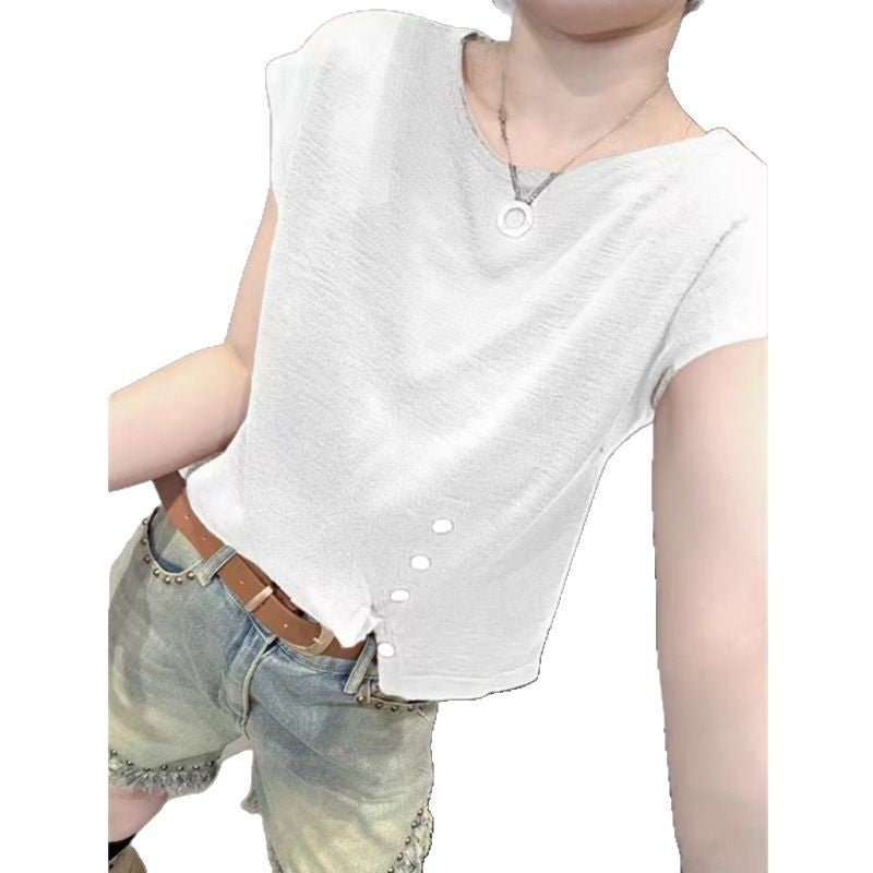 Summer Women's Knitted Short Sleeve Sweater - Loose Fit, Irregular Hem, Chic Round Neck Top