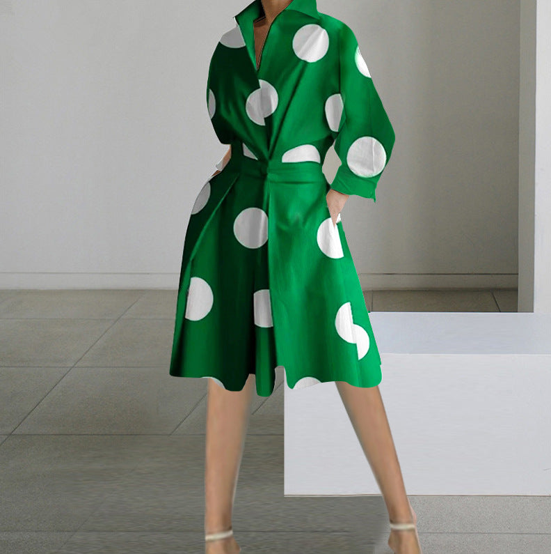 Autumn Elegance: Women's Long-Sleeved V-Neck Printed Mid-Length Dress