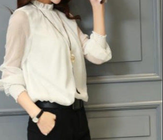 Spring & Autumn Ruffled Bottoming Shirt - Versatile Large Size Top with Small Stand-Up Collar