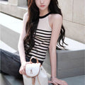 Halter Neck Striped Ice Silk Knitted Camisole for Women - Sleeveless Summer Top, Side Coverage, Lightweight & Breathable