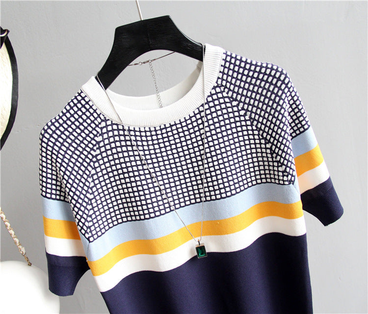 Women's Slim Fit Contrast Color Knit Pullover T-Shirt - Short Sleeve